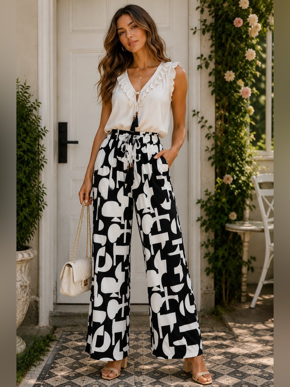 Rose + Olive Black White Geometric Wide Leg Pants NWT Boho Lounge Statement 2X